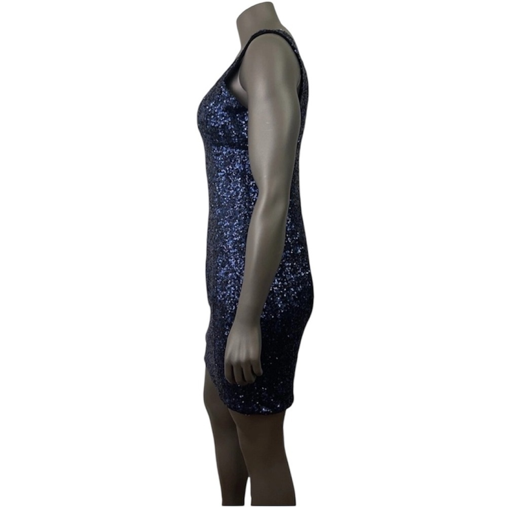 Dress the Population Dress Womens L Blue Sequin Mini Plunge Neckline Sleeveless - Picture 3 of 9